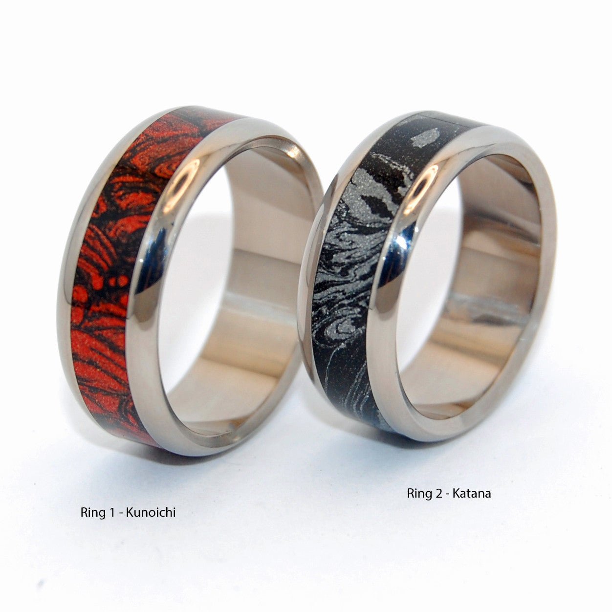 Katana Red & Black | M3 Mokume Gane & Titanium - Black Wedding Ring - Unique Wedding Ring Sets - Minter and Richter Designs