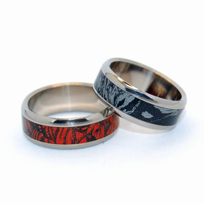 Katana Red & Black | M3 Mokume Gane & Titanium - Black Wedding Ring - Unique Wedding Ring Sets - Minter and Richter Designs