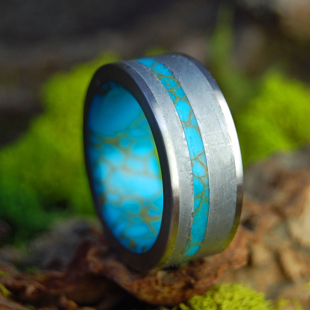 Kingsman Meteorite | Men's Meteorite, Kingsman Gold Webbed Turquoise & Titanium Wedding Ring - Minter and Richter Designs