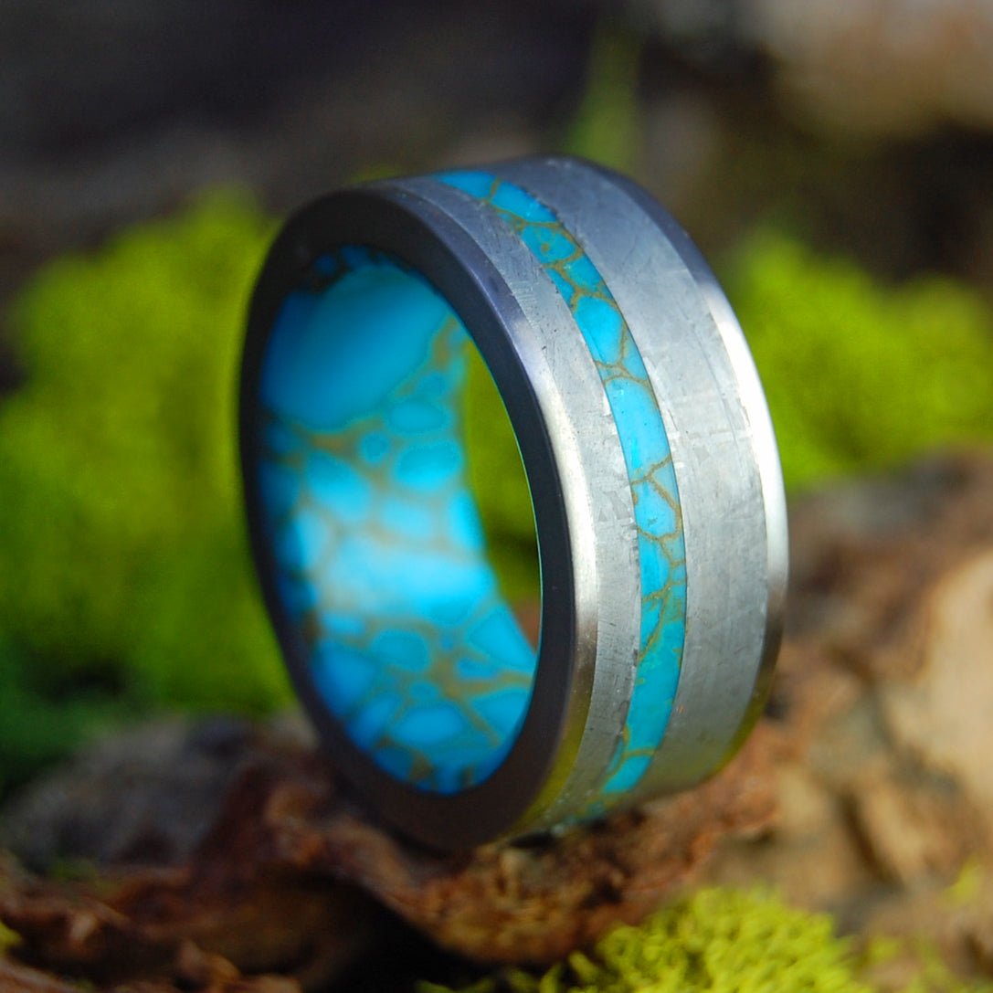 Kingsman Meteorite | Men's Meteorite, Kingsman Gold Webbed Turquoise & Titanium Wedding Ring - Minter and Richter Designs