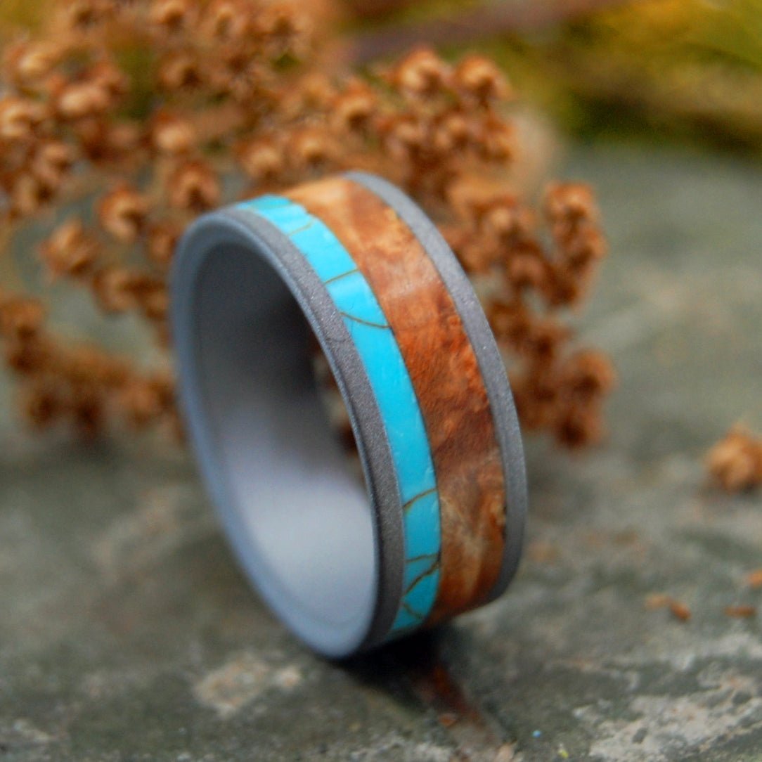 Kinship Sandblasted | Men's Tibetan Turquoise, Wood & Titanium Wedding Ring - Minter and Richter Designs