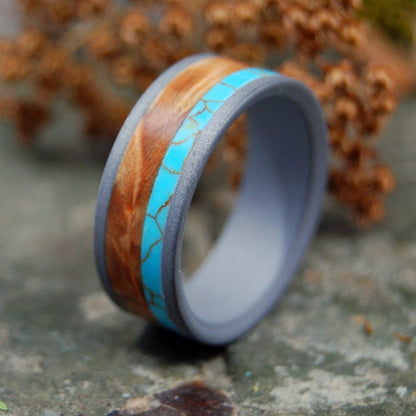 Kinship Sandblasted | Men's Tibetan Turquoise, Wood & Titanium Wedding Ring - Minter and Richter Designs