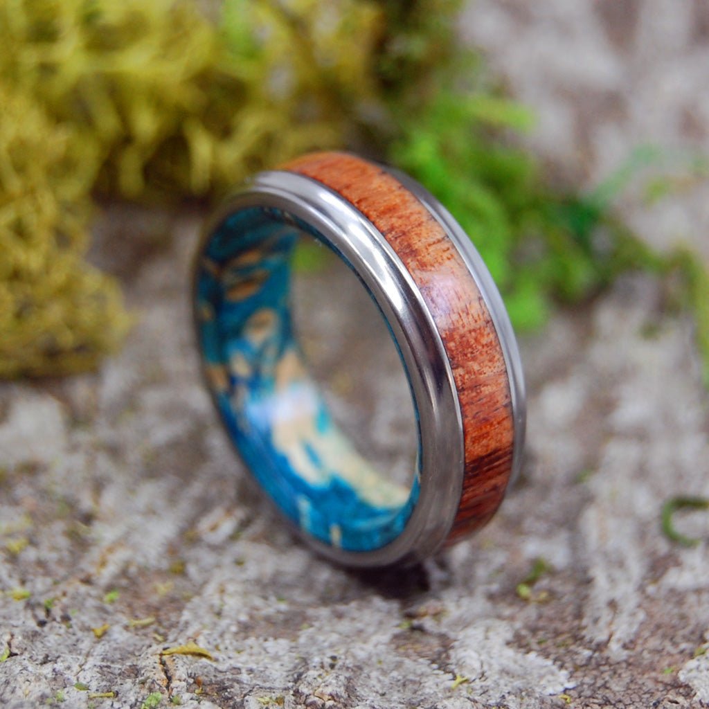 Koa Blue | Men's Koa Wood, Blue Box Elder Wood & Titanium Wedding Ring - Minter and Richter Designs