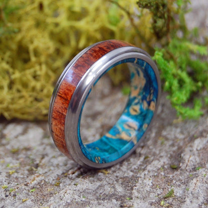 Koa Blue | Men's Koa Wood, Blue Box Elder Wood & Titanium Wedding Ring - Minter and Richter Designs