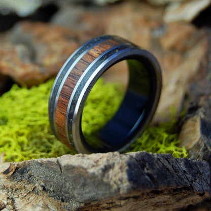 Koa In Black | Men's Black Beach Sand, Koa Wood, Onyx Stone & Titanium Wedding Ring - Minter and Richter Designs