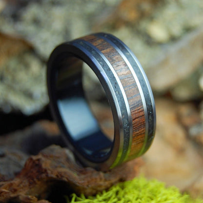 Koa In Black | Men's Black Beach Sand, Koa Wood, Onyx Stone & Titanium Wedding Ring - Minter and Richter Designs