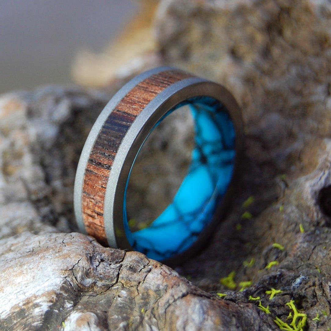 Koa On A Flat Sea | Men's Turquoise, Koa Wood & Titanium Wedding Ring - Minter and Richter Designs