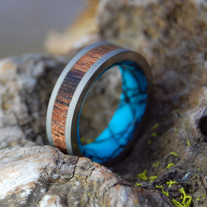 Koa On A Flat Sea | Men's Turquoise, Koa Wood & Titanium Wedding Ring - Minter and Richter Designs