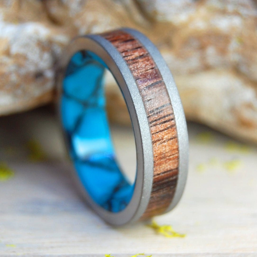 Koa On A Flat Sea | Men's Turquoise, Koa Wood & Titanium Wedding Ring - Minter and Richter Designs