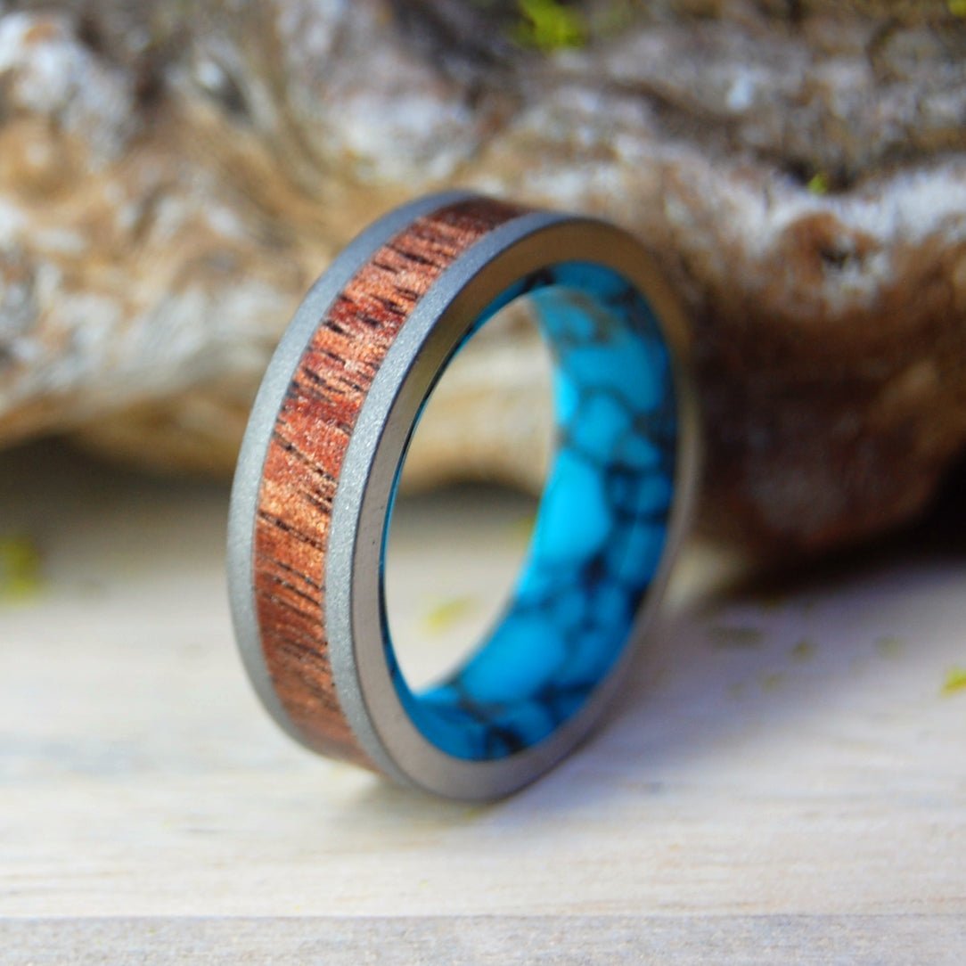 Koa On A Flat Sea | Men's Turquoise, Koa Wood & Titanium Wedding Ring - Minter and Richter Designs