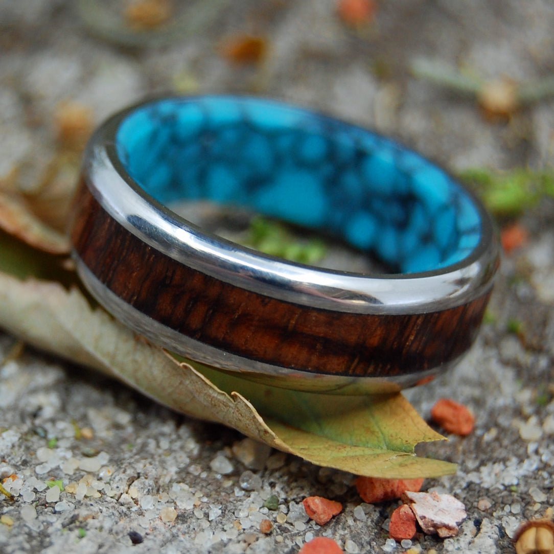 Koa To The Sea | Men's Turquoise, Koa Wood & Titanium Wedding Ring - Minter and Richter Designs