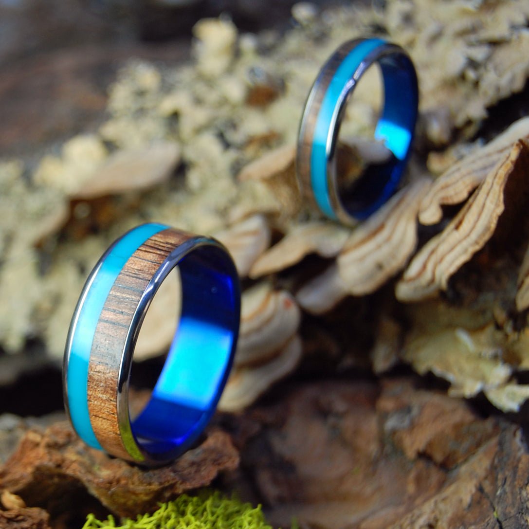 Koa Turquoise Blue | Hawaiian Koa Wood & Titanium - Wedding Ring Set - Minter and Richter Designs