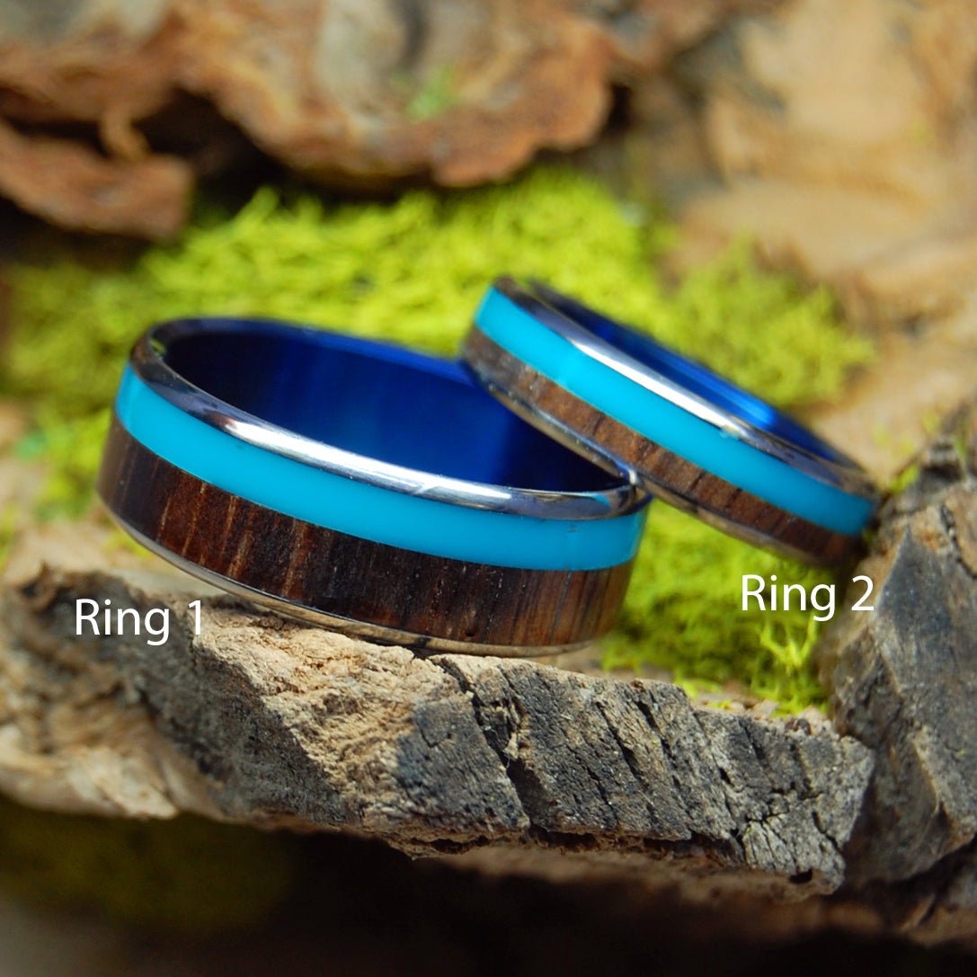 Koa Turquoise Blue | Hawaiian Koa Wood & Titanium - Wedding Ring Set - Minter and Richter Designs