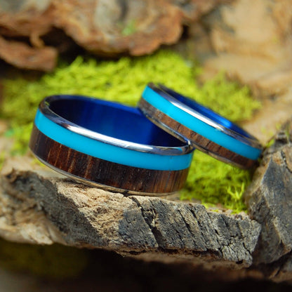 Koa Turquoise Blue | Hawaiian Koa Wood & Titanium - Wedding Ring Set - Minter and Richter Designs