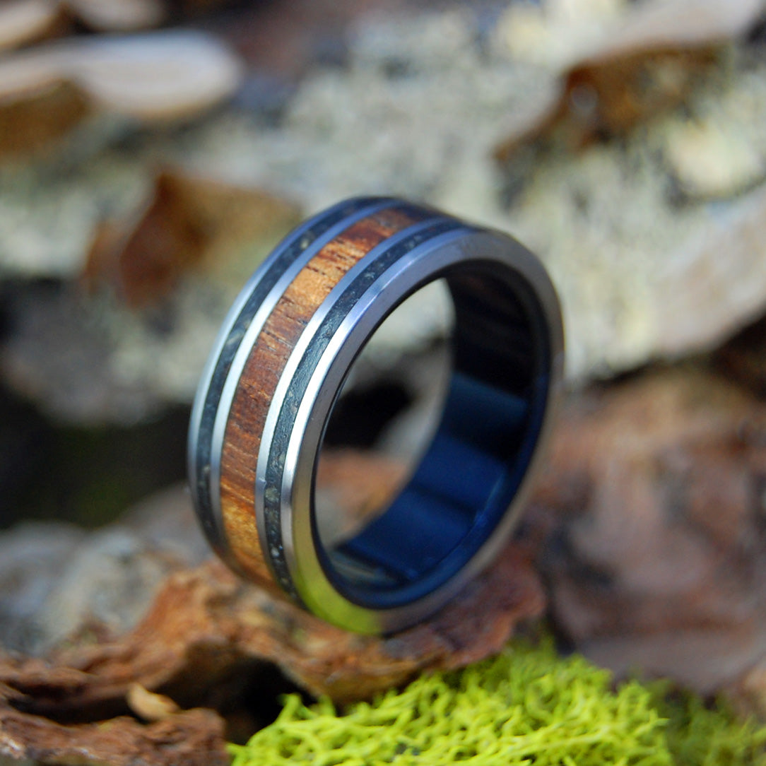 KOA IN BLACK - Black Beach Sand, Koa Wood, Onyx Stone - Men's Wedding Rings - Minter and Richter Designs