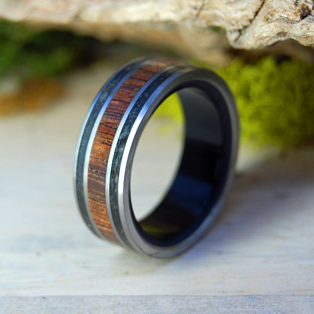 KOA IN BLACK - Black Beach Sand, Koa Wood, Onyx Stone - Men's Wedding Rings - Minter and Richter Designs