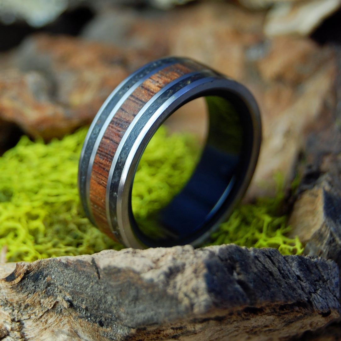 KOA IN BLACK - Black Beach Sand, Koa Wood, Onyx Stone - Men's Wedding Rings - Minter and Richter Designs