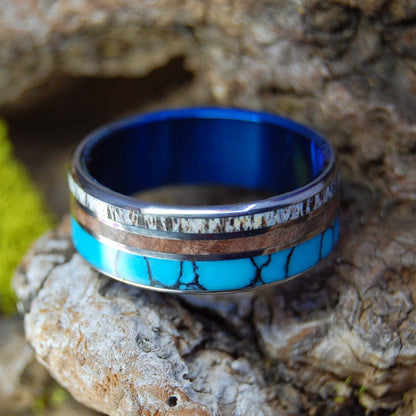 Lagrange Points | Men's Redwood, Moose Antler, Turquoise & Titanium Wedding Ring - Minter and Richter Designs