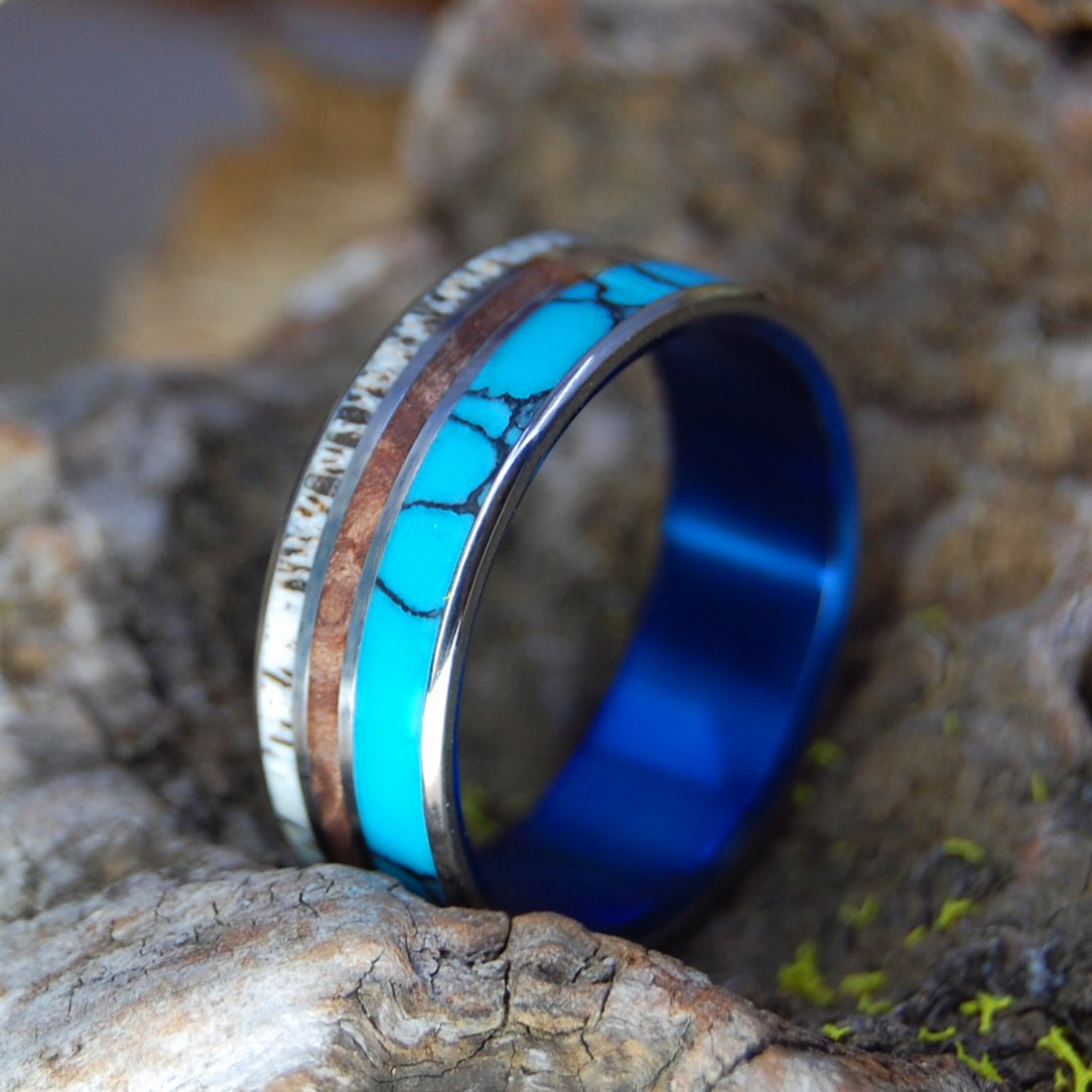 Lagrange Points | Men's Redwood, Moose Antler, Turquoise & Titanium Wedding Ring - Minter and Richter Designs