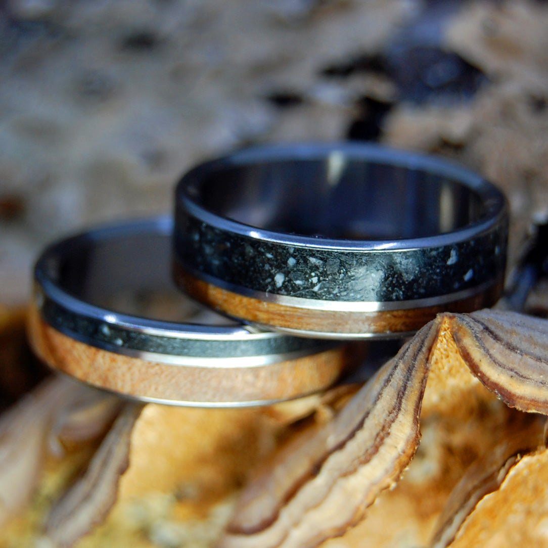 Lake Champlain Lucky Rocks And Wood | Lake Champlain Rock & Curly Maple Burl And Whiskey Barrel - Unique Wedding Ring - Minter and Richter Designs