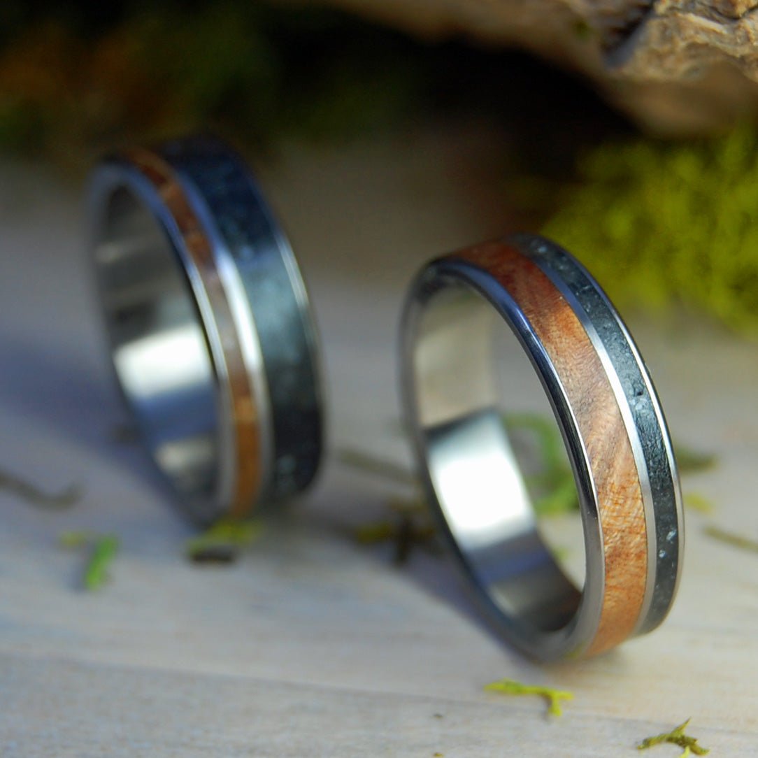 Lake Champlain Lucky Rocks And Wood | Lake Champlain Rock & Curly Maple Burl And Whiskey Barrel - Unique Wedding Ring - Minter and Richter Designs