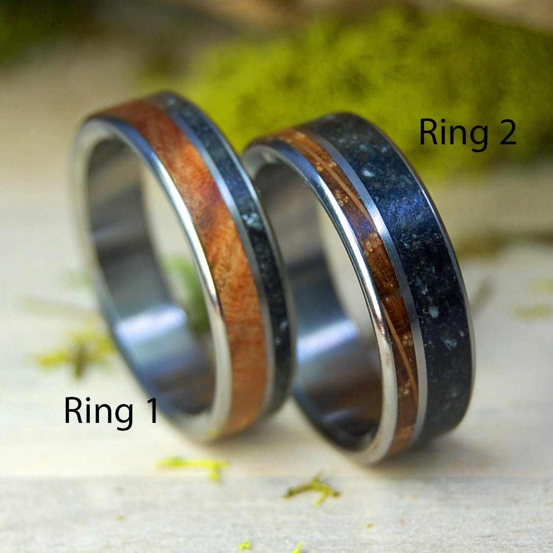 Lake Champlain Lucky Rocks And Wood | Lake Champlain Rock & Curly Maple Burl And Whiskey Barrel - Unique Wedding Ring - Minter and Richter Designs