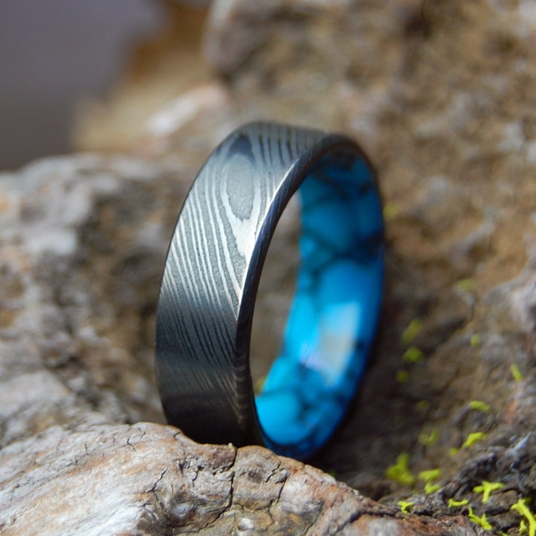 Turquoise inlay ring, Couples promise ring, Anniversary gift, Tungsten Wedding Ring, Statement Jewelry store for him and her. Damascus ring.