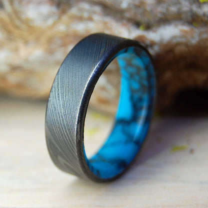 Lake Everest | Men's Damasteel Damascus, Turquoise & Titanium Wedding Ring - Minter and Richter Designs