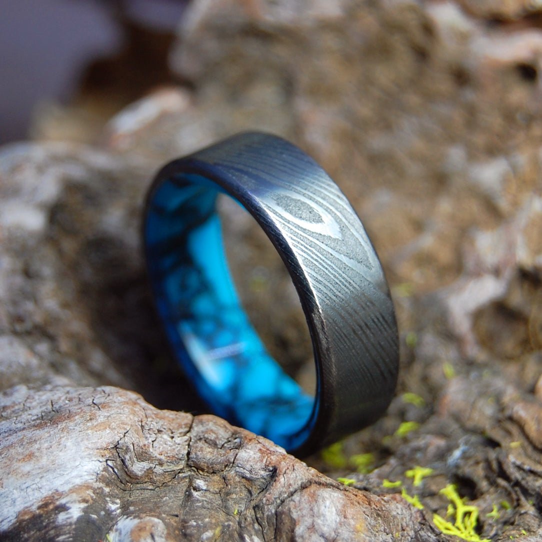 Lake Everest | Men's Damasteel Damascus, Turquoise & Titanium Wedding Ring - Minter and Richter Designs