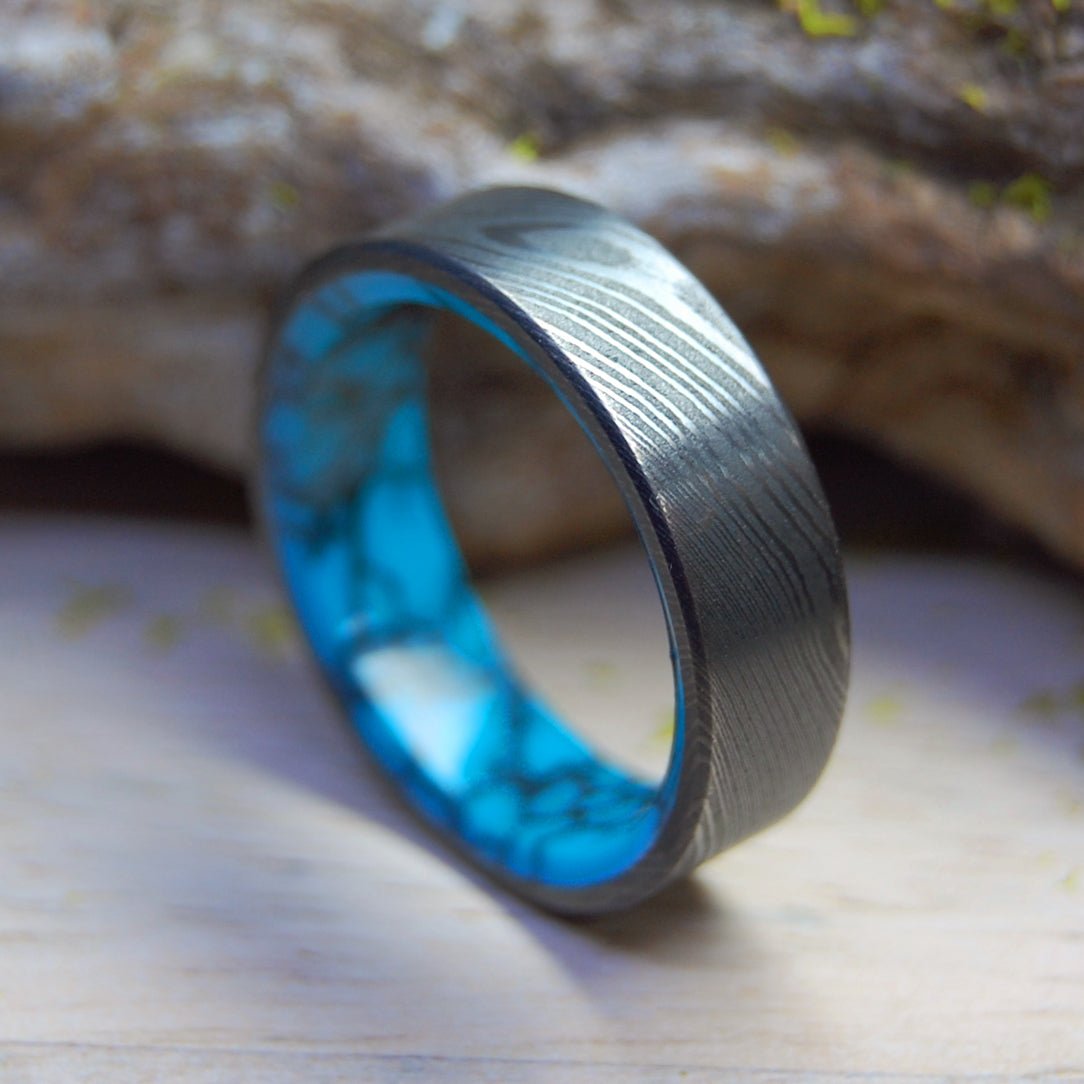 Lake Everest | Men's Damasteel Damascus, Turquoise & Titanium Wedding Ring - Minter and Richter Designs