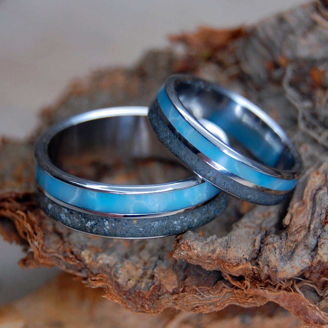 Larimar & Beach Sand | Beach Sand, Larimar Stone - Titanium Wedding Ring - Minter and Richter Designs