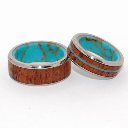 Let There Be | Turquoise Stone, Hawaiian Koa Wood & Titanium - Unique Wedding Ring Set - Minter and Richter Designs