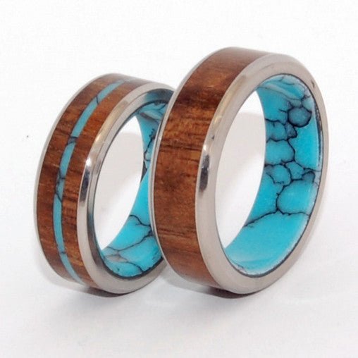 Let There Be | Turquoise Stone, Hawaiian Koa Wood & Titanium - Unique Wedding Ring Set - Minter and Richter Designs