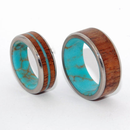 Let There Be | Turquoise Stone, Hawaiian Koa Wood & Titanium - Unique Wedding Ring Set - Minter and Richter Designs