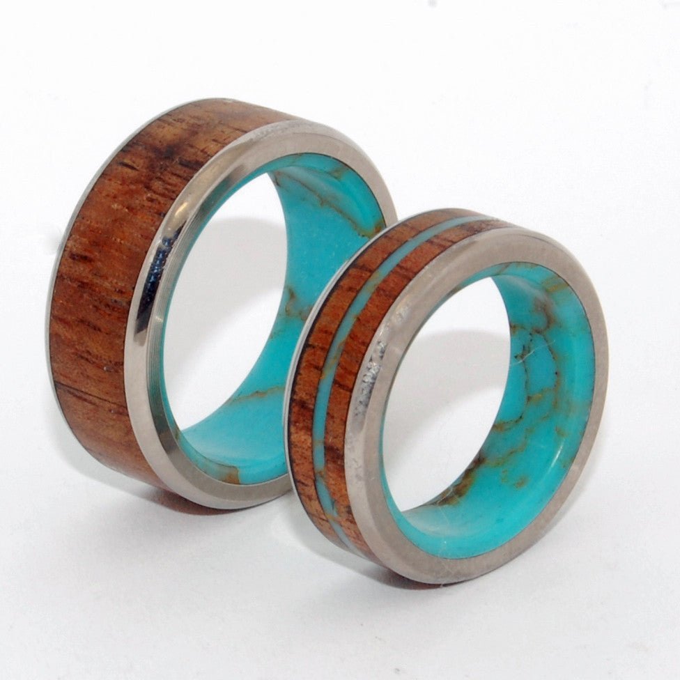 Let There Be | Turquoise Stone, Hawaiian Koa Wood & Titanium - Unique Wedding Ring Set - Minter and Richter Designs