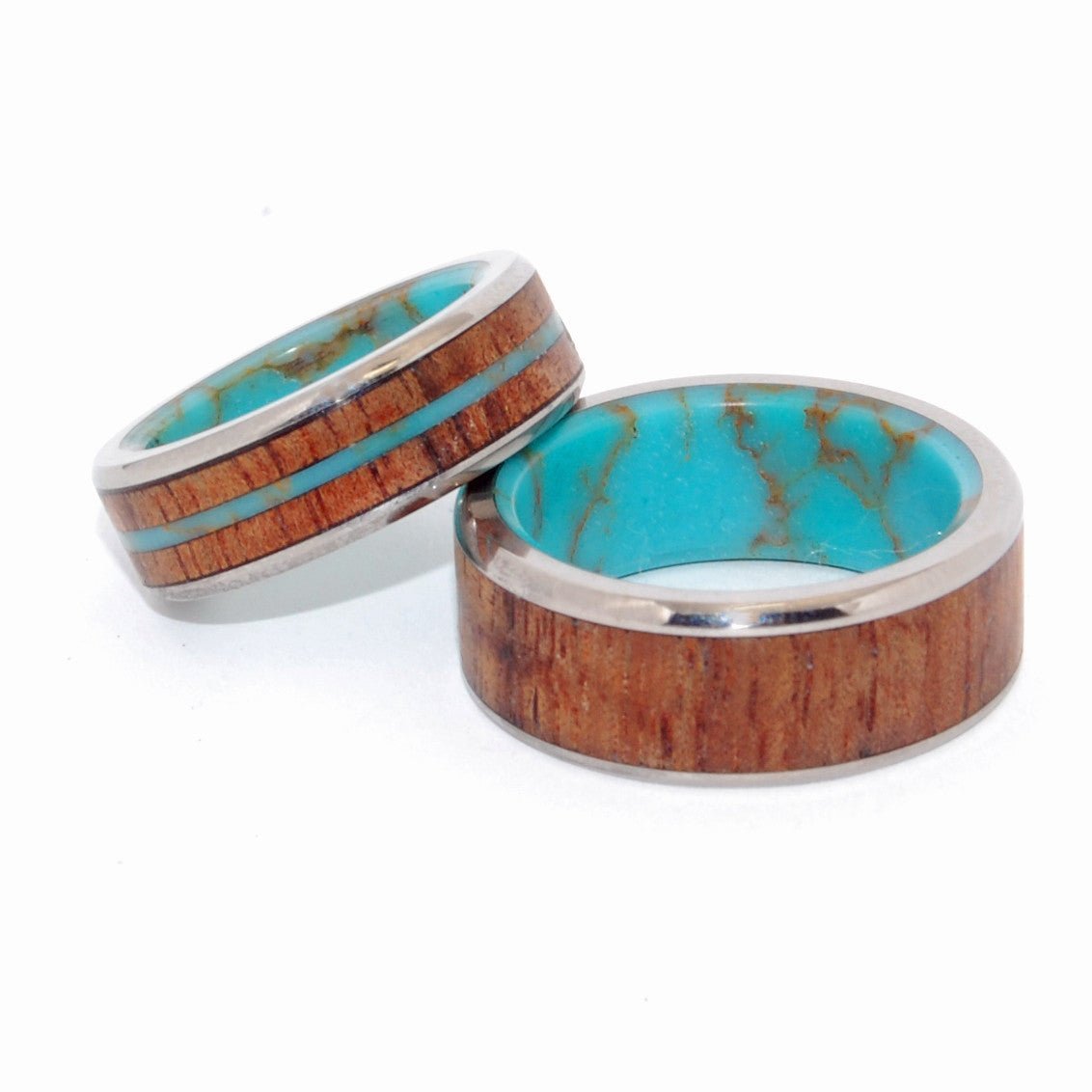 Let There Be | Turquoise Stone, Hawaiian Koa Wood & Titanium - Unique Wedding Ring Set - Minter and Richter Designs