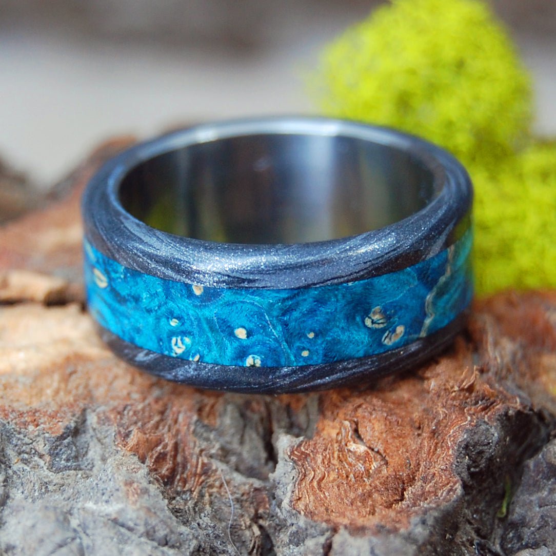 Light Greek God | Men's Turquoise Blue Box Elder Wood, Black M3 Titanium & Titanium Wedding Ring - Minter and Richter Designs