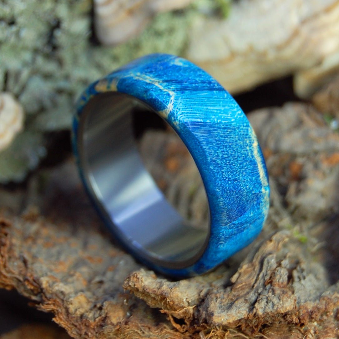 Light Reflection | Men's Light Blue Box Elder Wood & Titanium Wedding Ring - Minter and Richter Designs