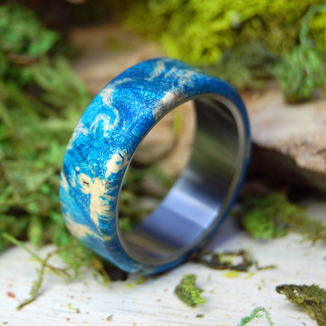 Light Reflection | Men's Light Blue Box Elder Wood & Titanium Wedding Ring - Minter and Richter Designs