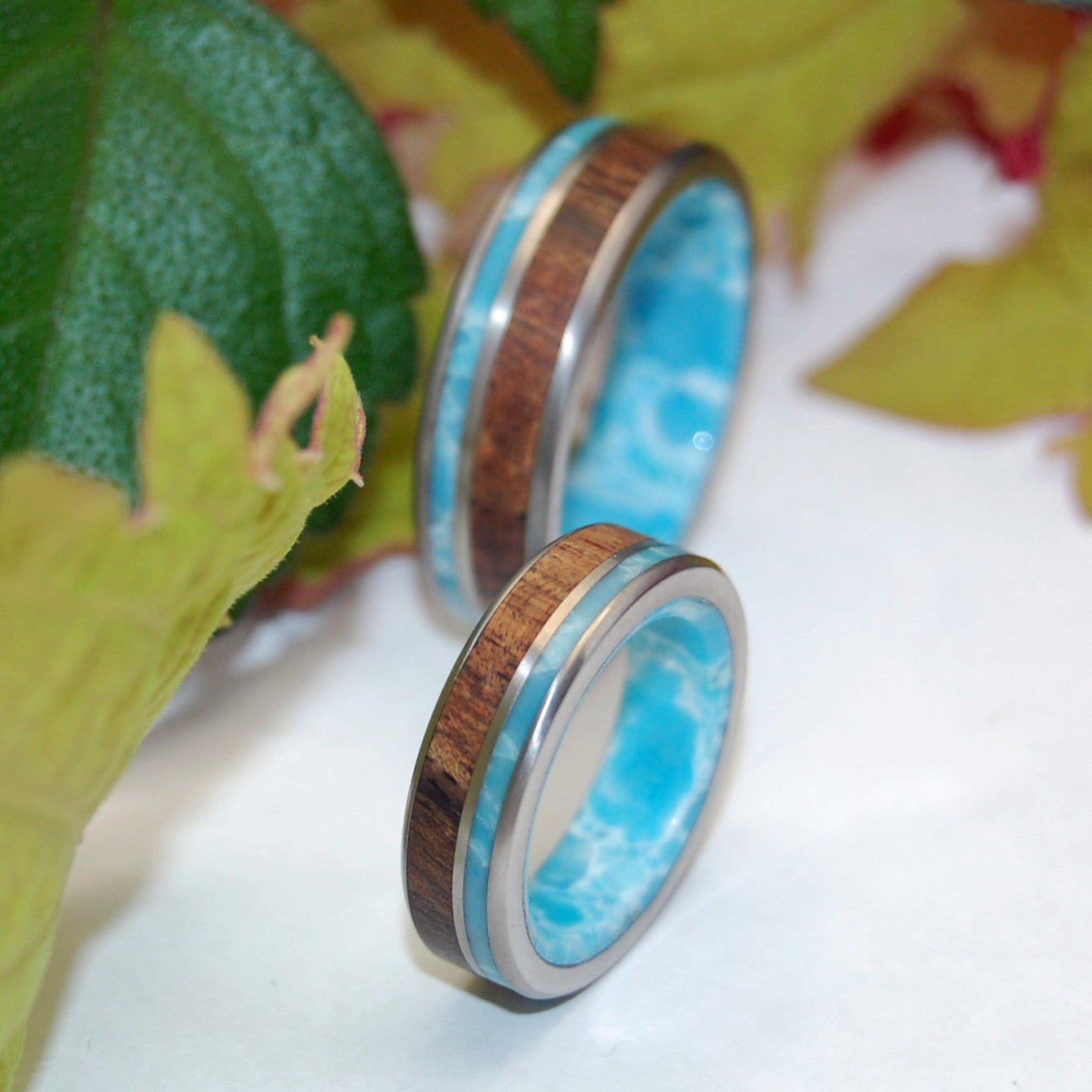 Liina Terra | Larimar Stone & Koa Wood Titanium Wedding Ring Set - Minter and Richter Designs