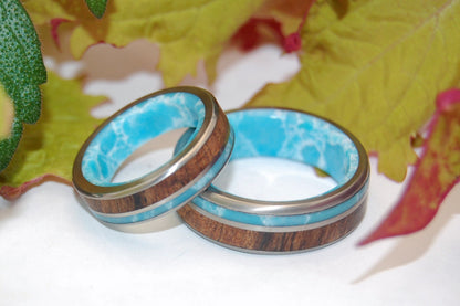 Liina Terra | Larimar Stone & Koa Wood Titanium Wedding Ring Set - Minter and Richter Designs