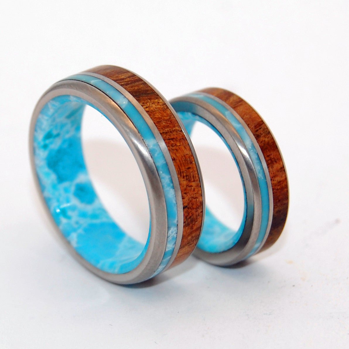 Liina Terra | Larimar Stone & Koa Wood Titanium Wedding Ring Set - Minter and Richter Designs