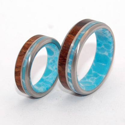 Liina Terra | Larimar Stone & Koa Wood Titanium Wedding Ring Set - Minter and Richter Designs