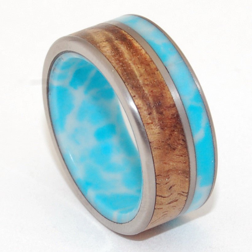 Liina Terra | Men's Larimar Stone, Koa Wood & Titanium Wedding Ring - Minter and Richter Designs