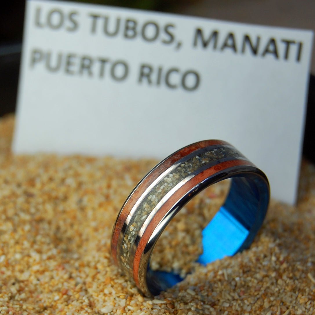 Los Tubos Manati | Men's Puerto Rican Beach Sand, Amboyna Wood & Titanium Wedding Ring - Minter and Richter Designs