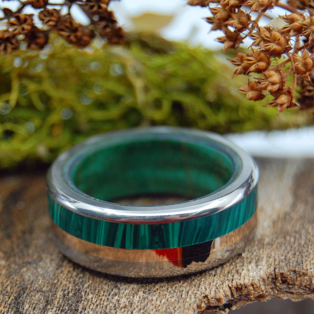 MINT FIELD, Green Opal, Malachite, Stone Inlay, Titanium hot or Tungsten Glowstone Ring, Wedding, Engagement Band, 6mm, Womens