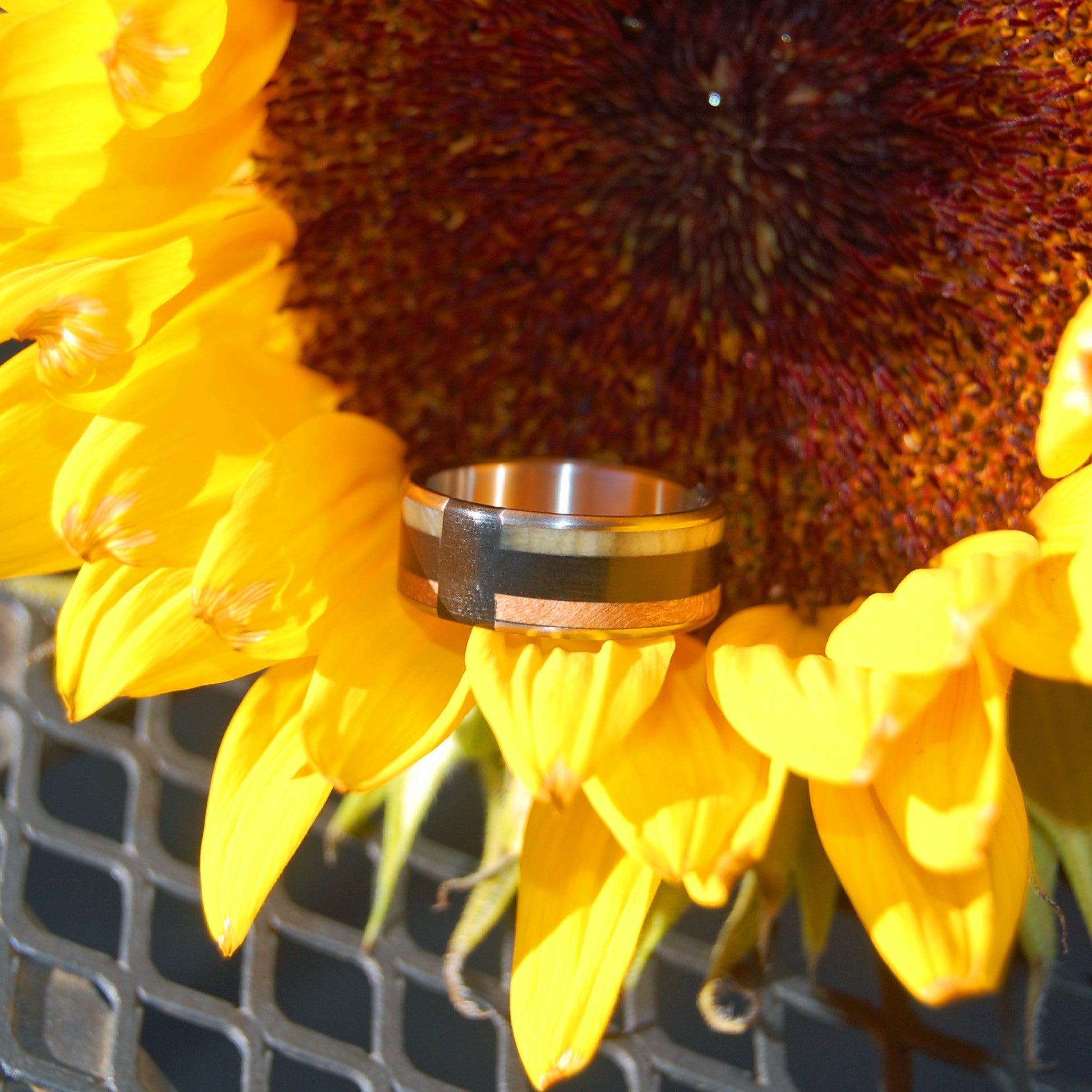 Love Never Fails | Men's Sheep Horn, Onyx Stone, Red Oak Wood & Titanium Wedding Ring - Minter and Richter Designs