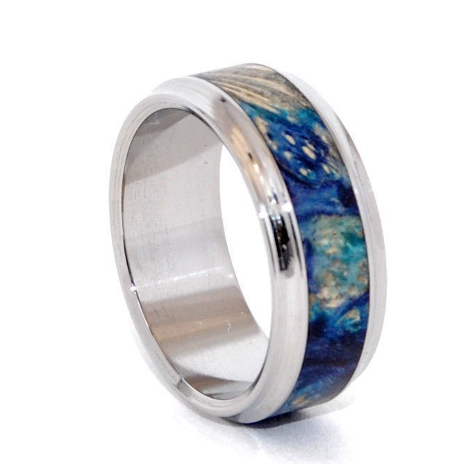 Love's Pulse & Whispers | Men's Blue Box Elder Wood & Titanium Wedding Ring - Minter and Richter Designs