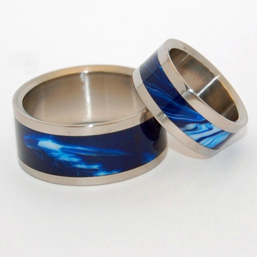 Macrocosmos | Vintage Blue Resin - Titanium Wedding Ring Set - Blue Wedding Ring - Minter and Richter Designs