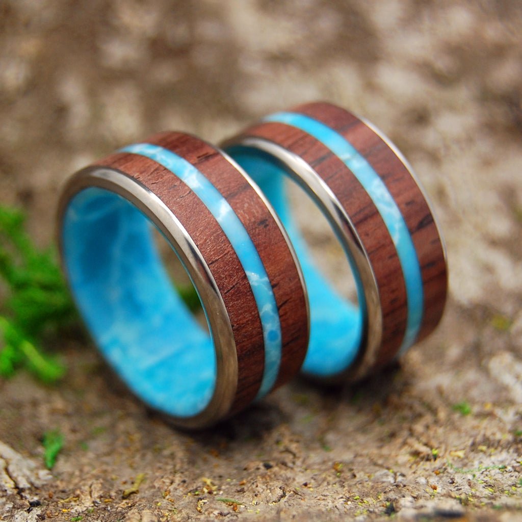 Man From The Sea | Cocobolo Wood & Dominican Larimar Stone Titanium Wedding Ring - Minter and Richter Designs